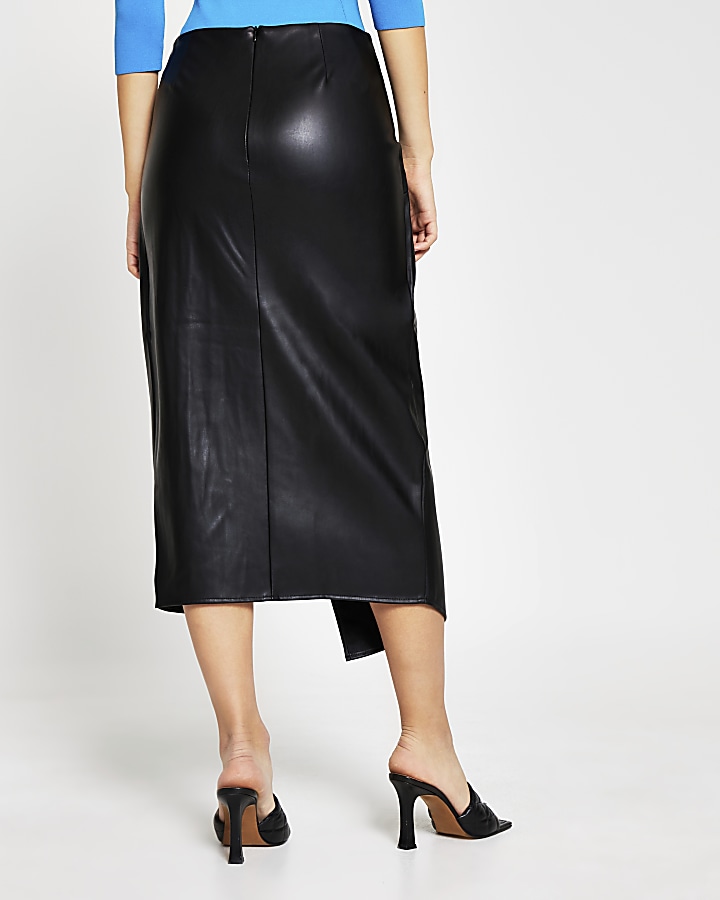 Black twist front wrap midi skirt