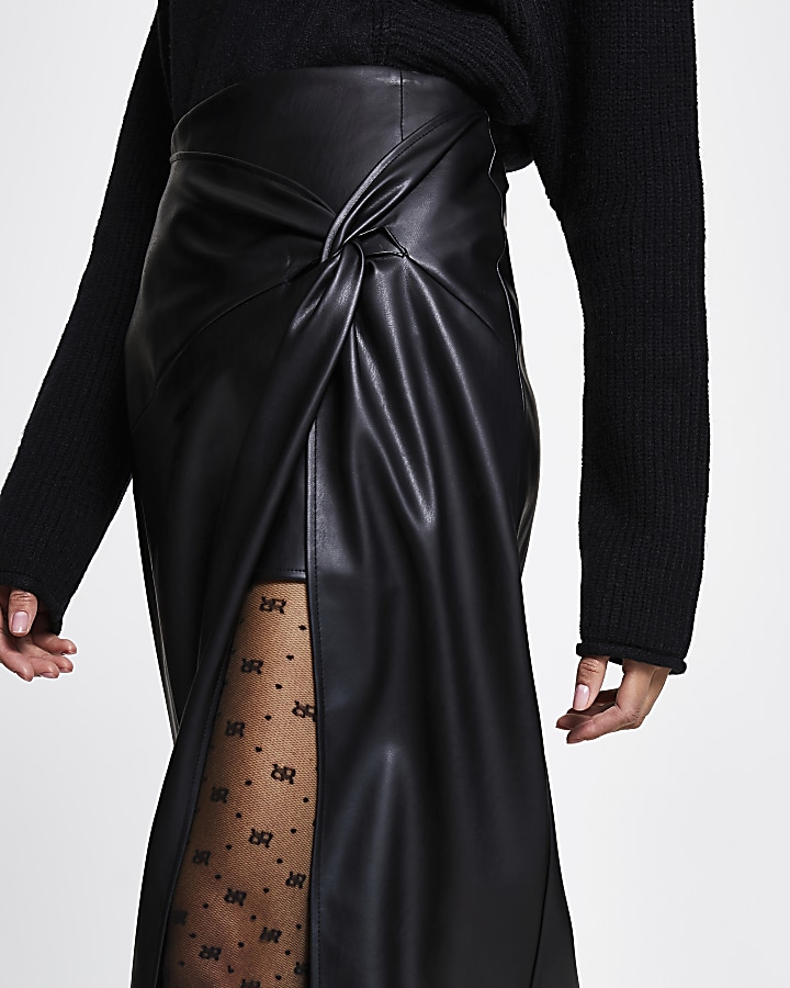Black twist front wrap midi skirt