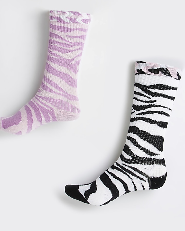 Purple zebra print tube socks 2 pack