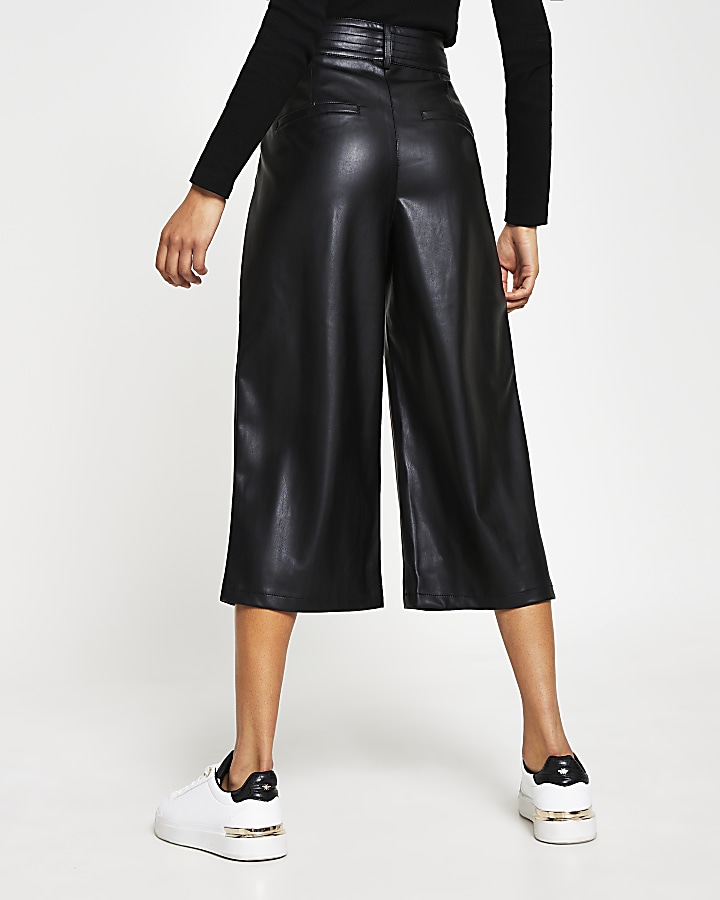 Black faux leather culottes