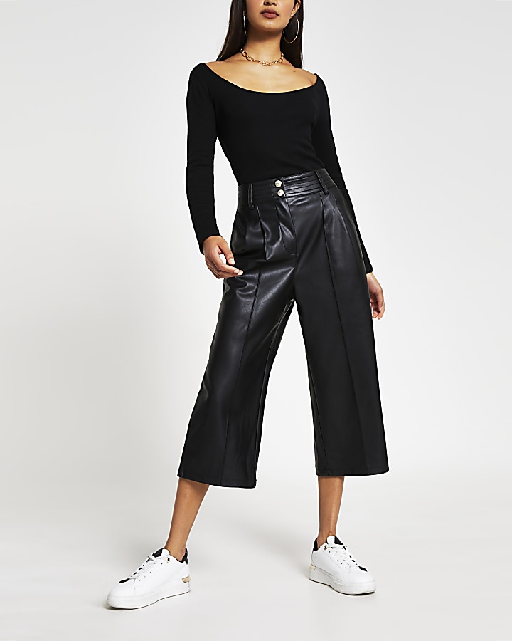 Black faux leather culottes