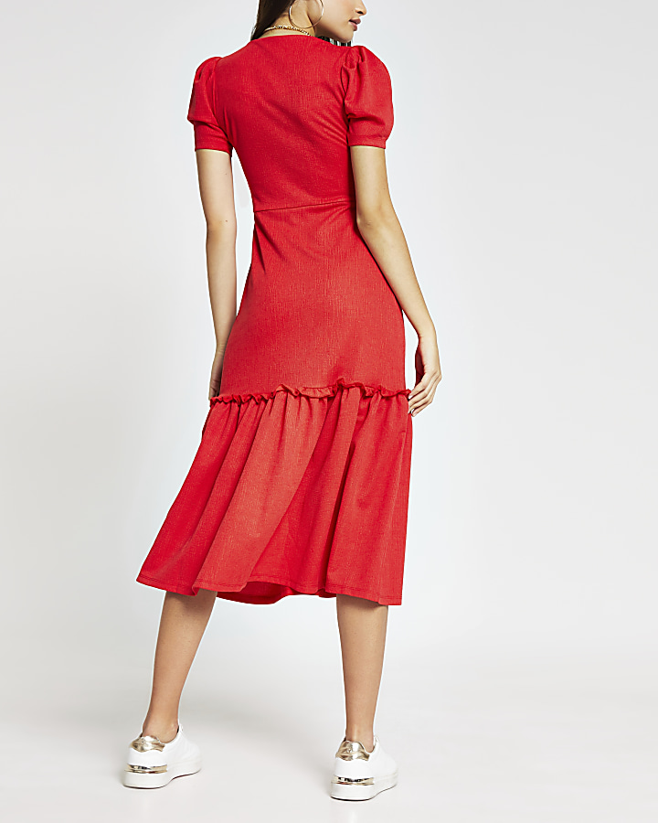 Red puff sleeve Smock Midi dress