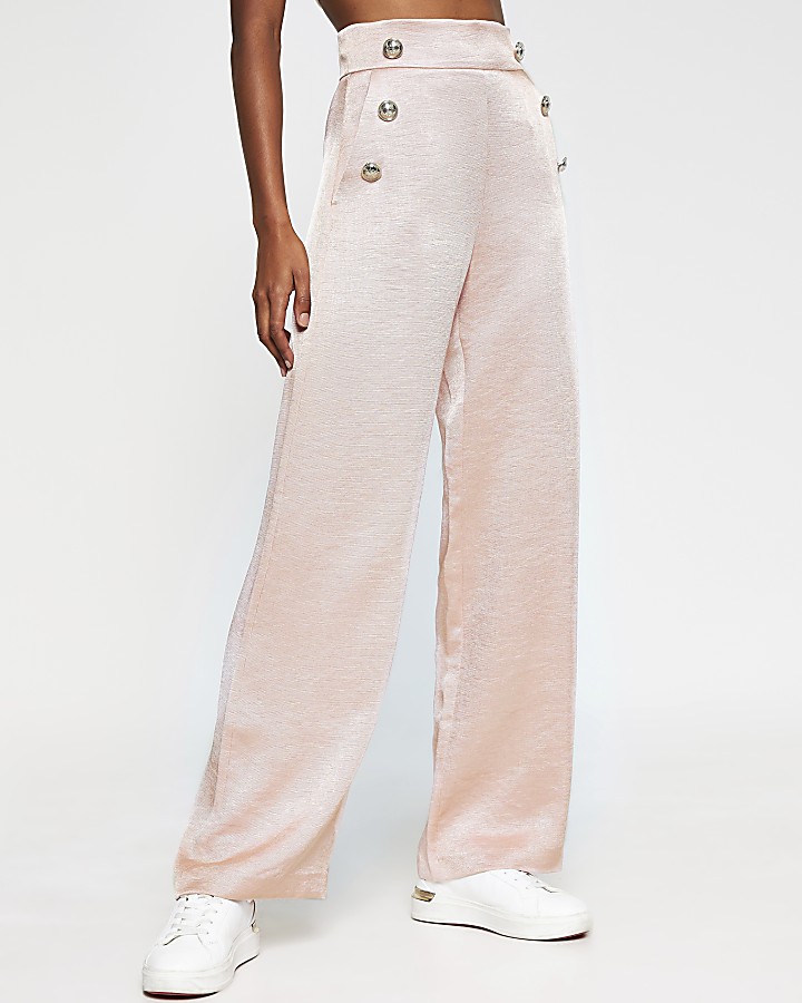 Pink pull on wide leg button detail trousers