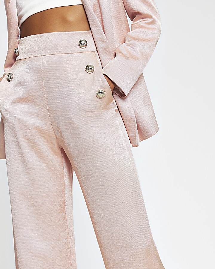 Pink pull on wide leg button detail trousers