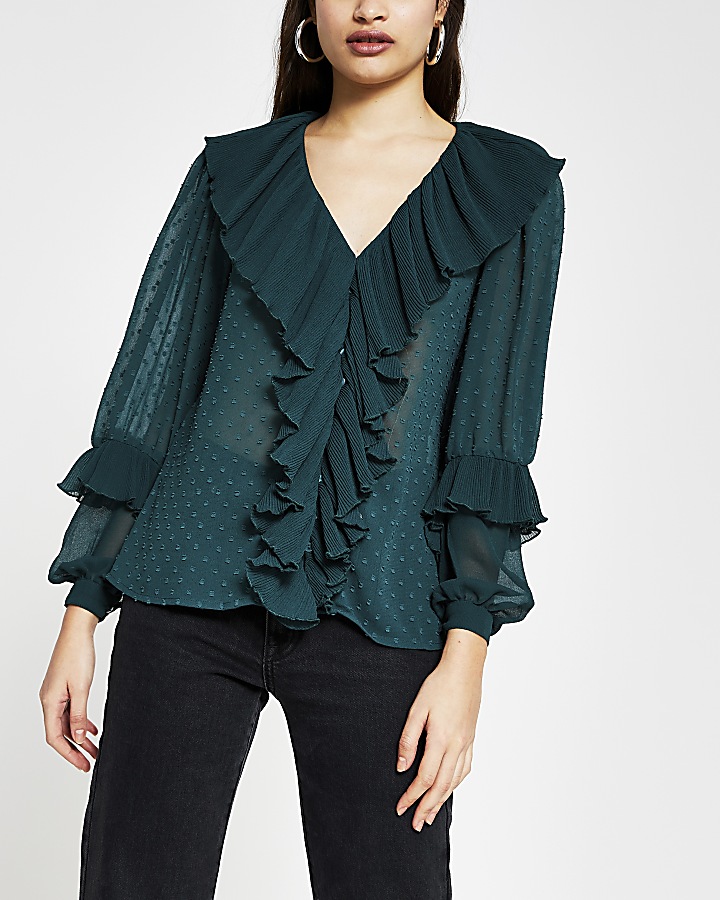 Green long sleeve ruffle blouse