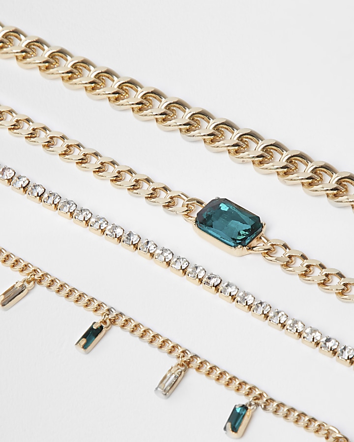 Green colour gold chain layered necklace