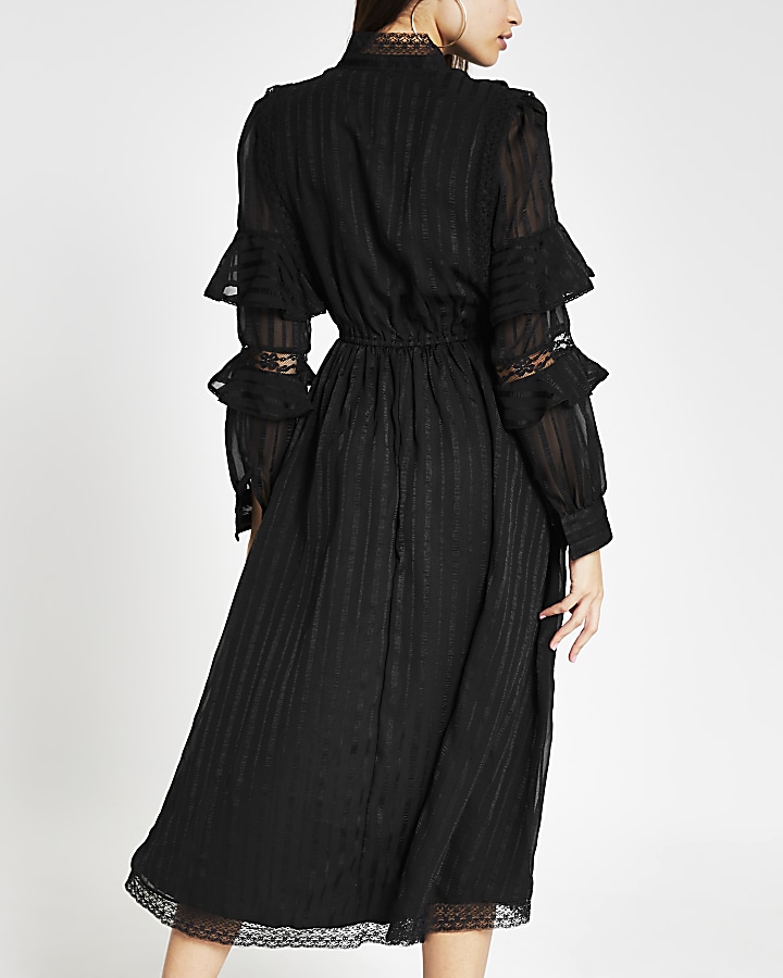 Black long sleeve ruffle midi dress