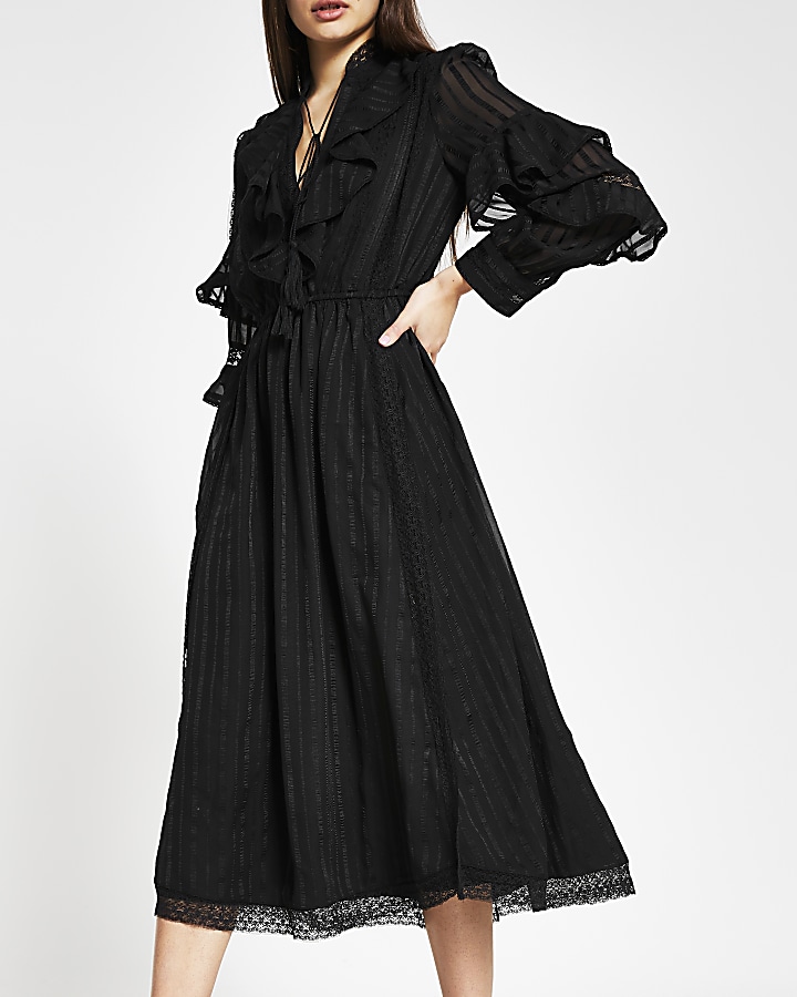 Black long sleeve ruffle midi dress