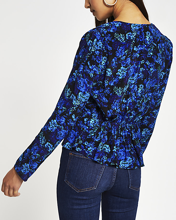 Blue long sleeve floral twist front blouse