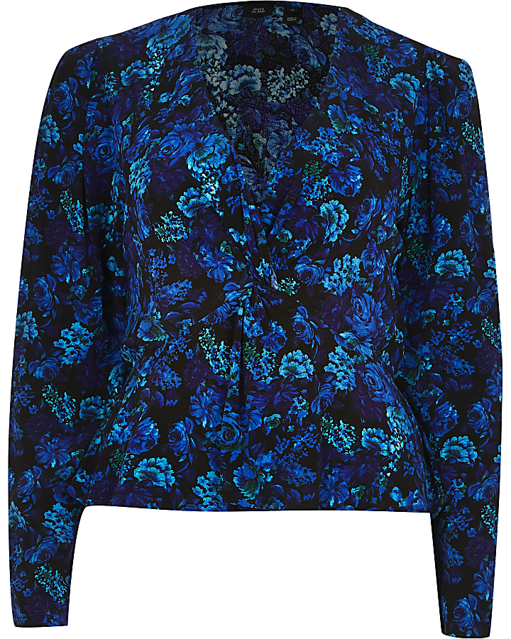 Blue long sleeve floral twist front blouse