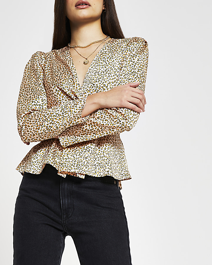 Beige long sleeve animal print blouse