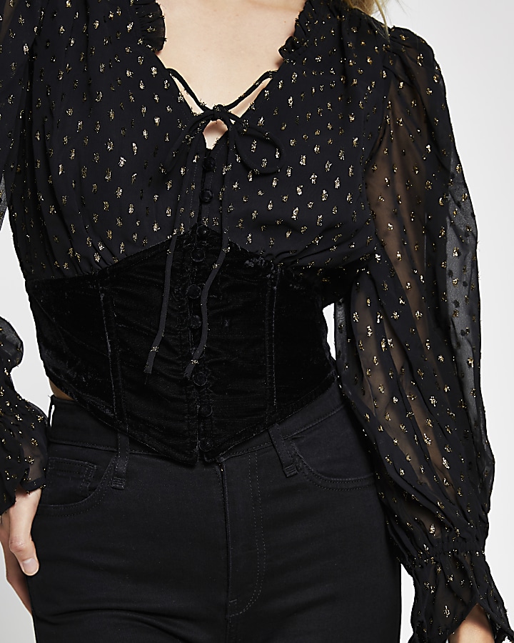 Black long sleeve corset lurex blouse top