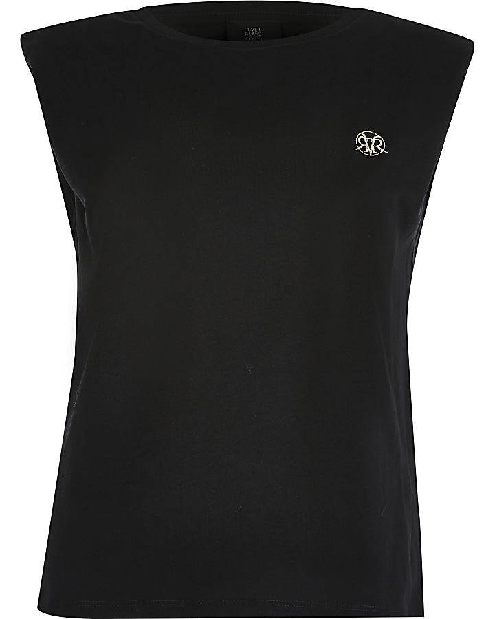 Petite black sleeveless shoulder pad t-shirt