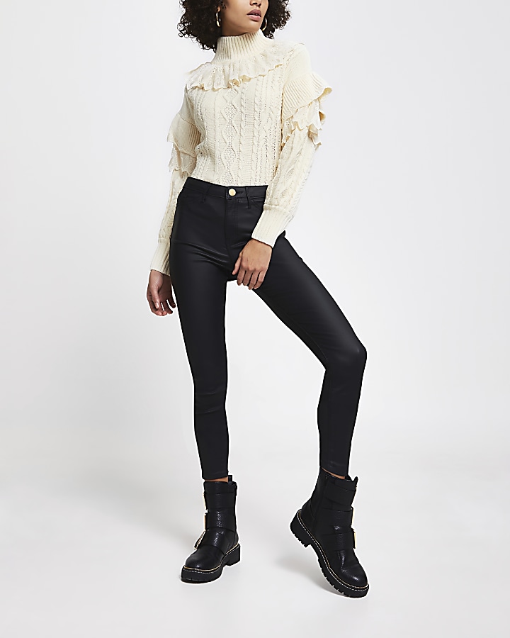 Cream lace frill high neck cable knit jumper