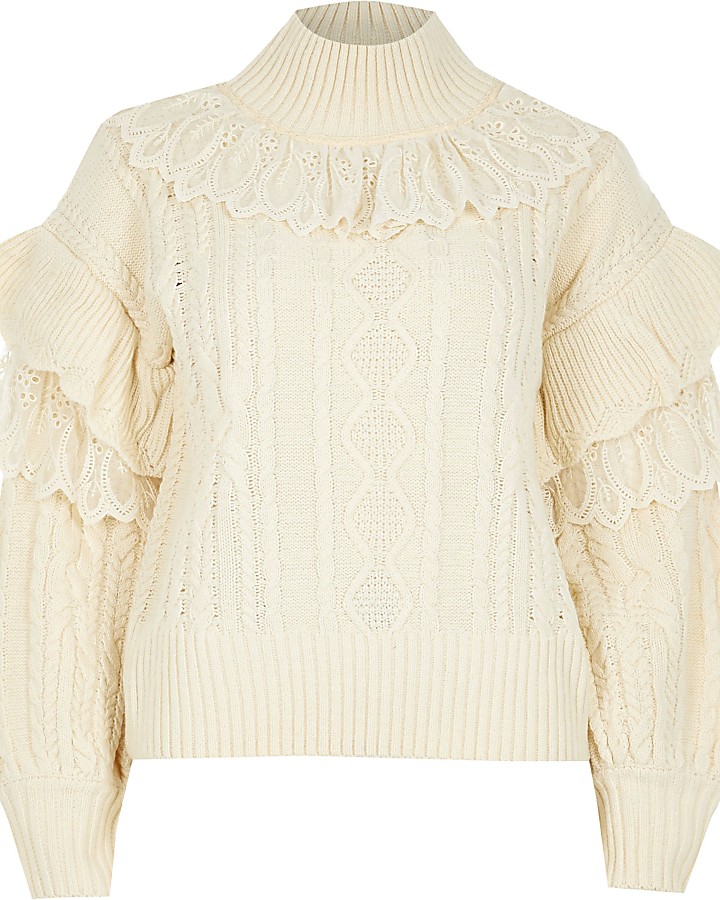 Cream lace frill high neck cable knit jumper