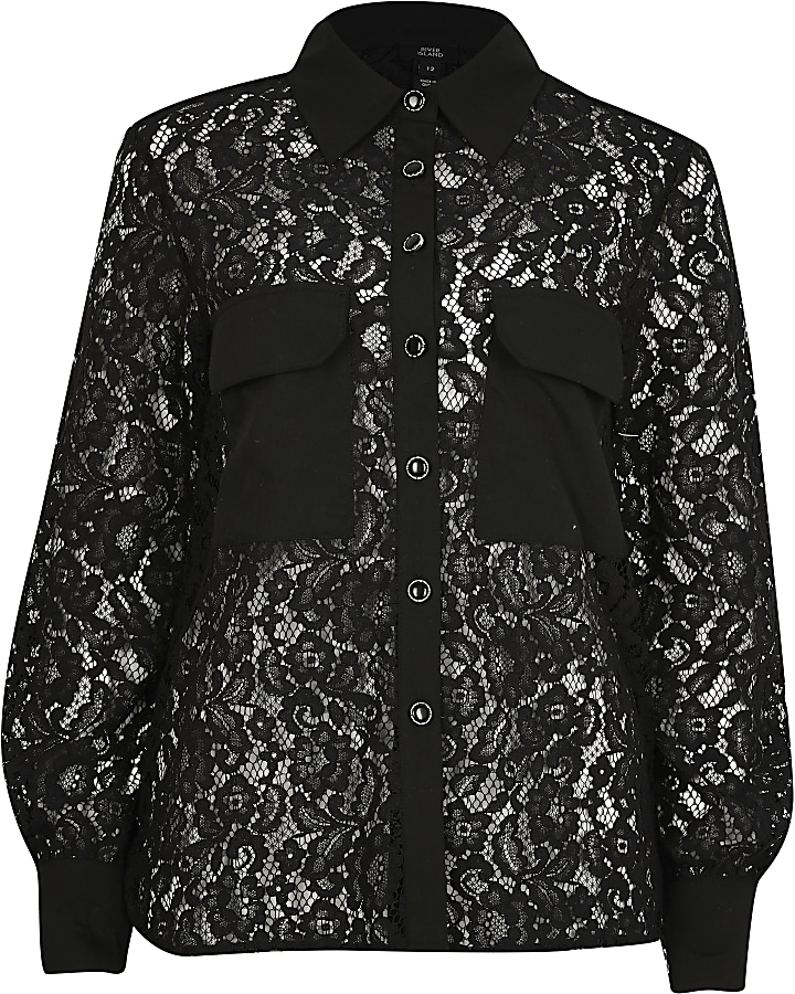 Black long sleeve lace pocket detail shirt
