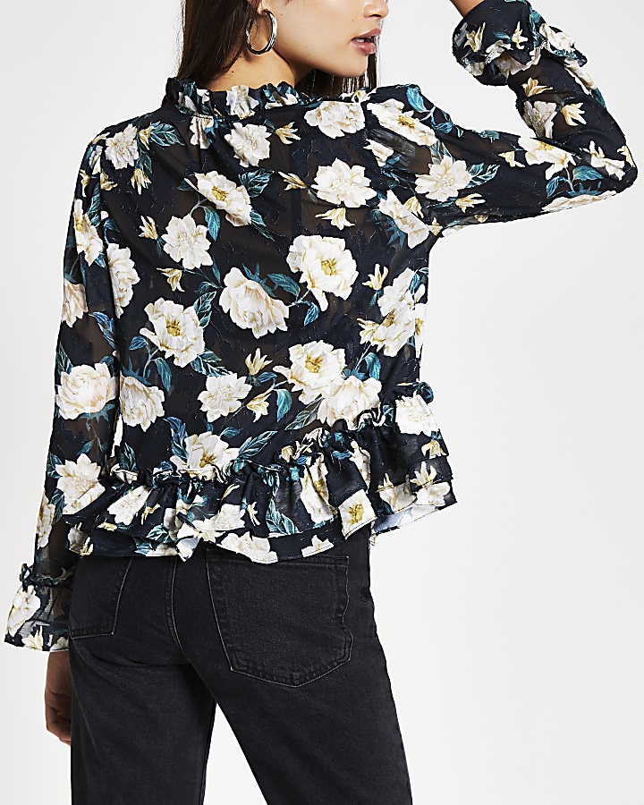 Black long sleeve floral peplum blouse top