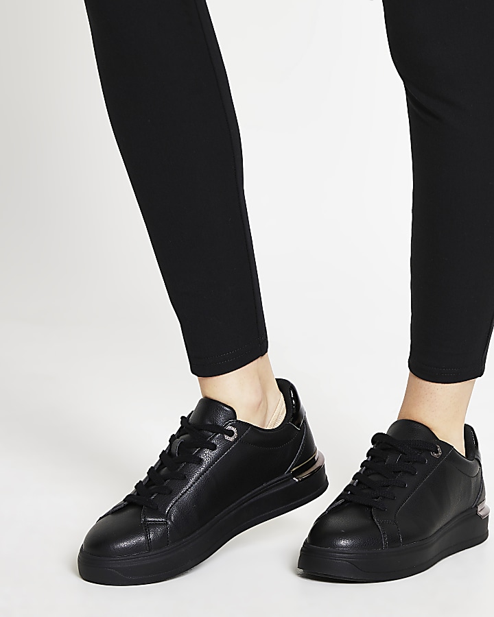 Black wide fit chunky flat lace up trainers