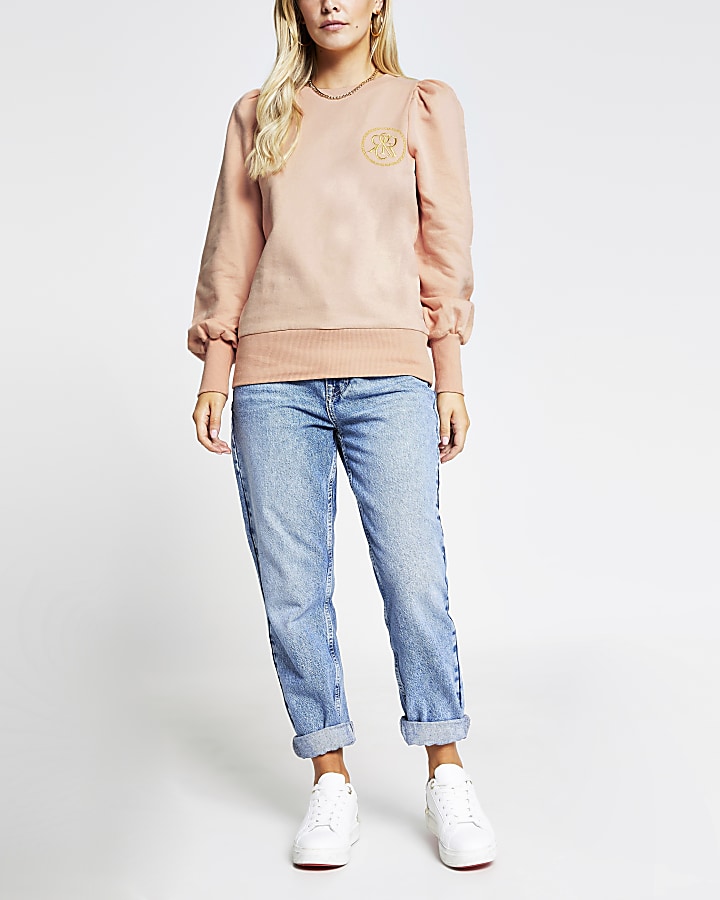 Petite pink RI puff sleeve sweatshirt