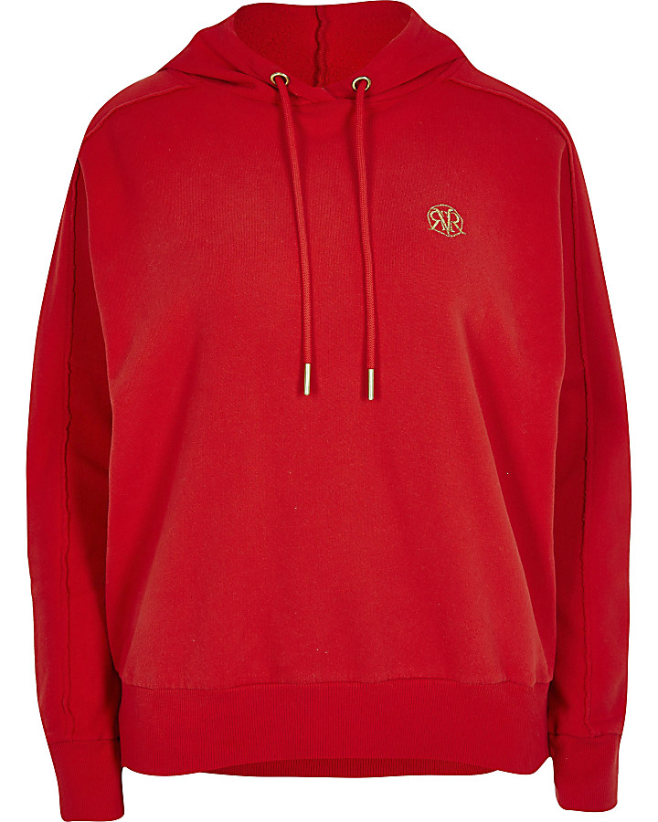 Red long sleeve exposed seam hoodie
