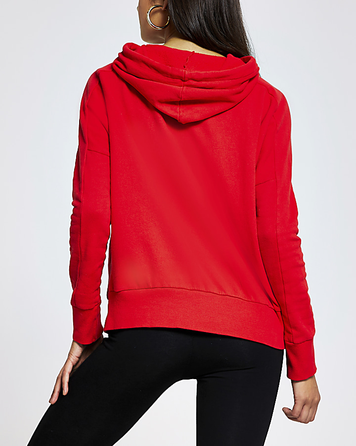 Red long sleeve exposed seam hoodie