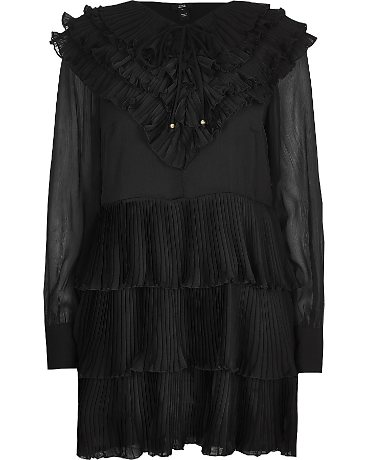 Black Long Sleeve ruffle pleated mini dress
