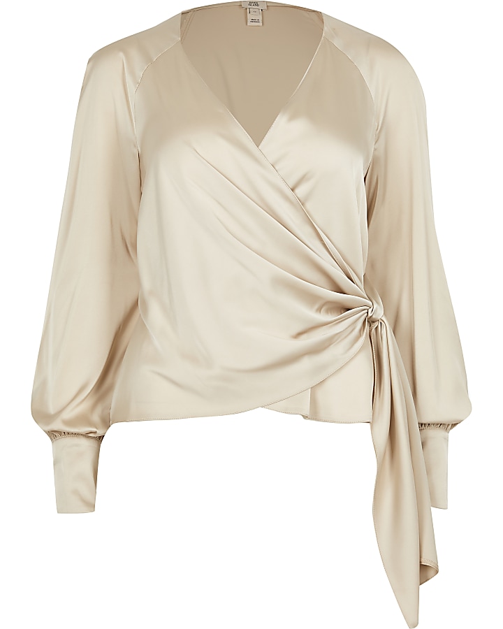 Stone long sleeve wrap front tie blouse