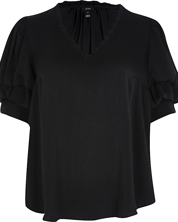 Black short puff sleeve v neck blouse