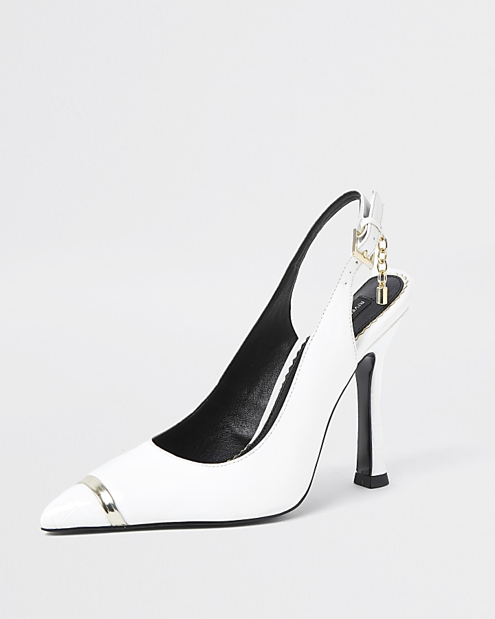 White wide fit gold chain mesh court heels