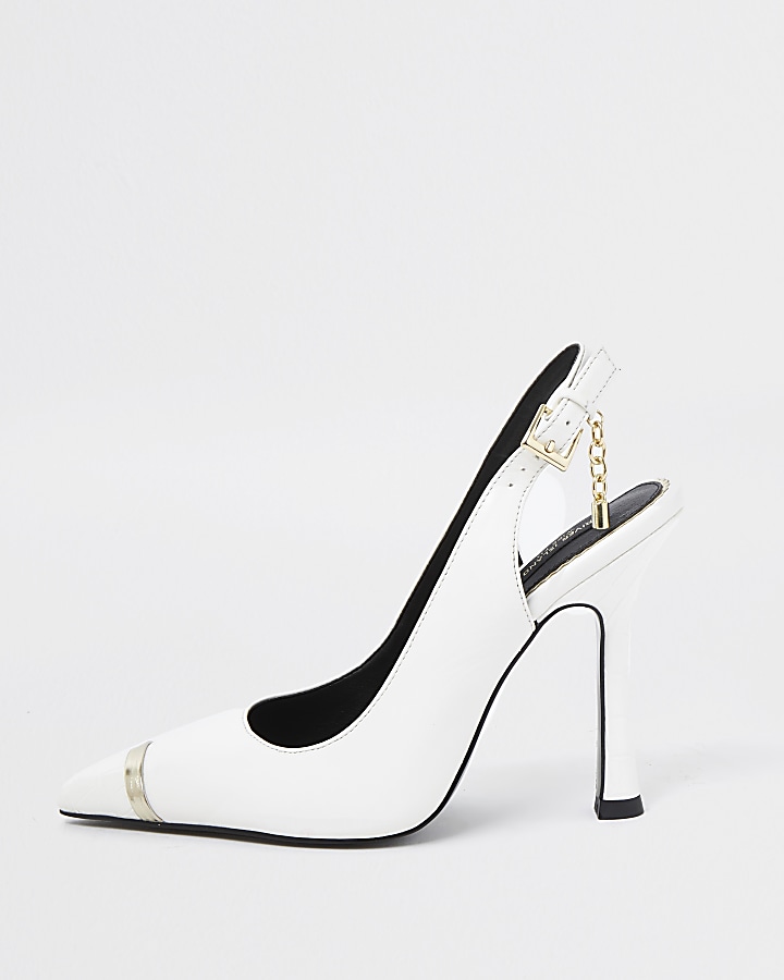 White wide fit gold chain mesh court heels