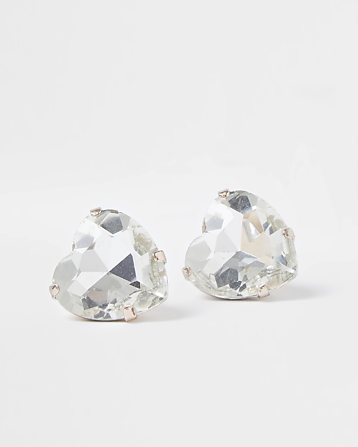 ​Silver colour crystal heart stud earrings
