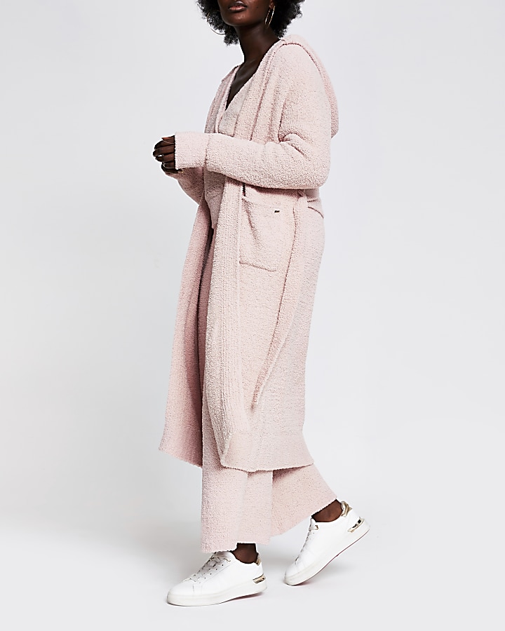 Pink fluffy knit longline hooded cardigan