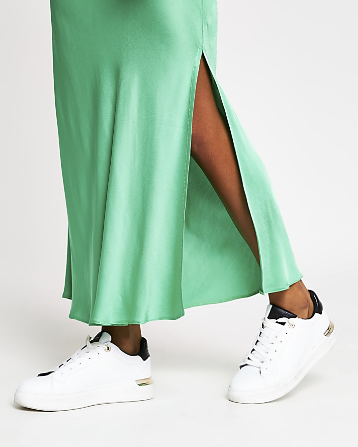 Green side split satin skirt