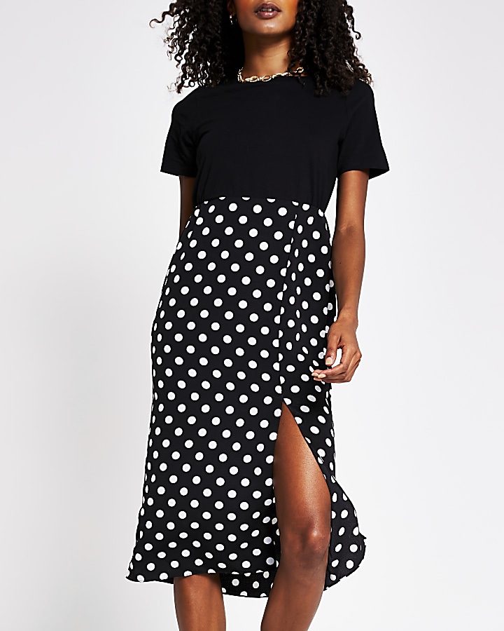Black polka dot print short sleeve dress
