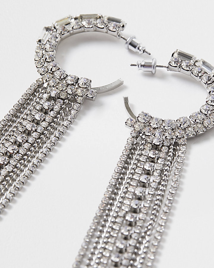 Silver colour layer tassel hoop earrings