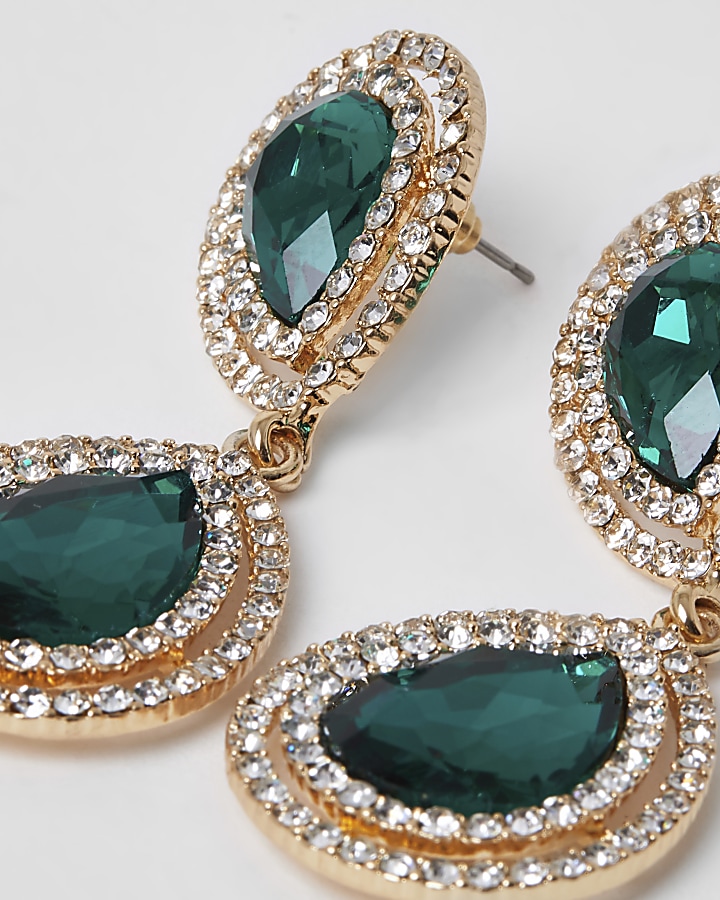 Green colour diamante teardrop earrings