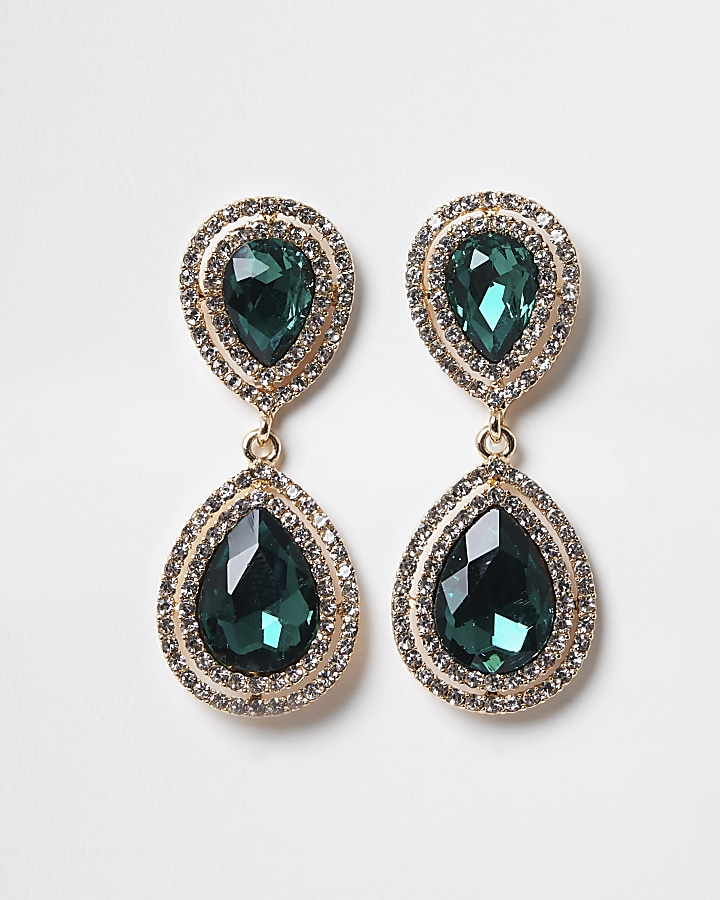 Green colour diamante teardrop earrings