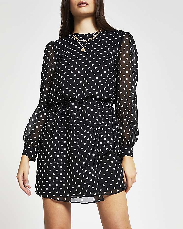 Black long sleeve polka dot mini dress