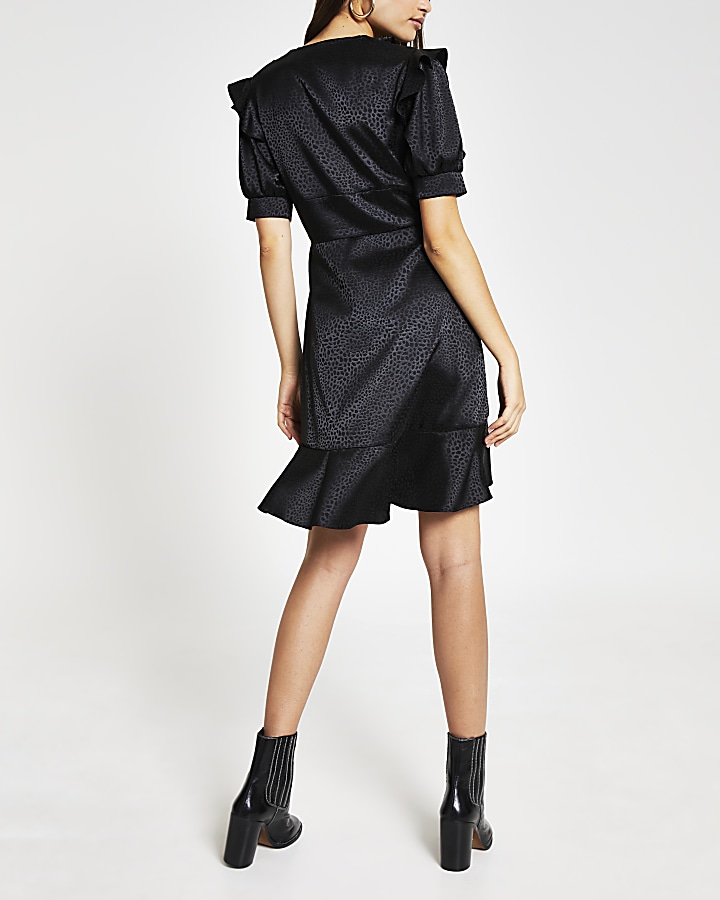 Black short sleeve frill tea dress