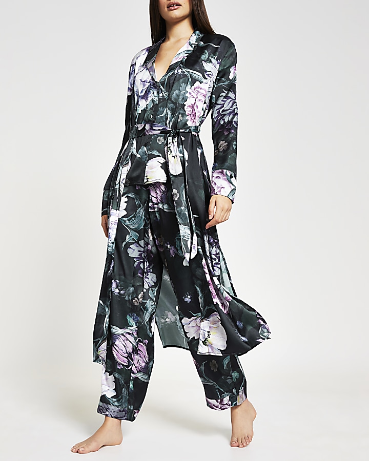 Black long sleeve floral print satin robe