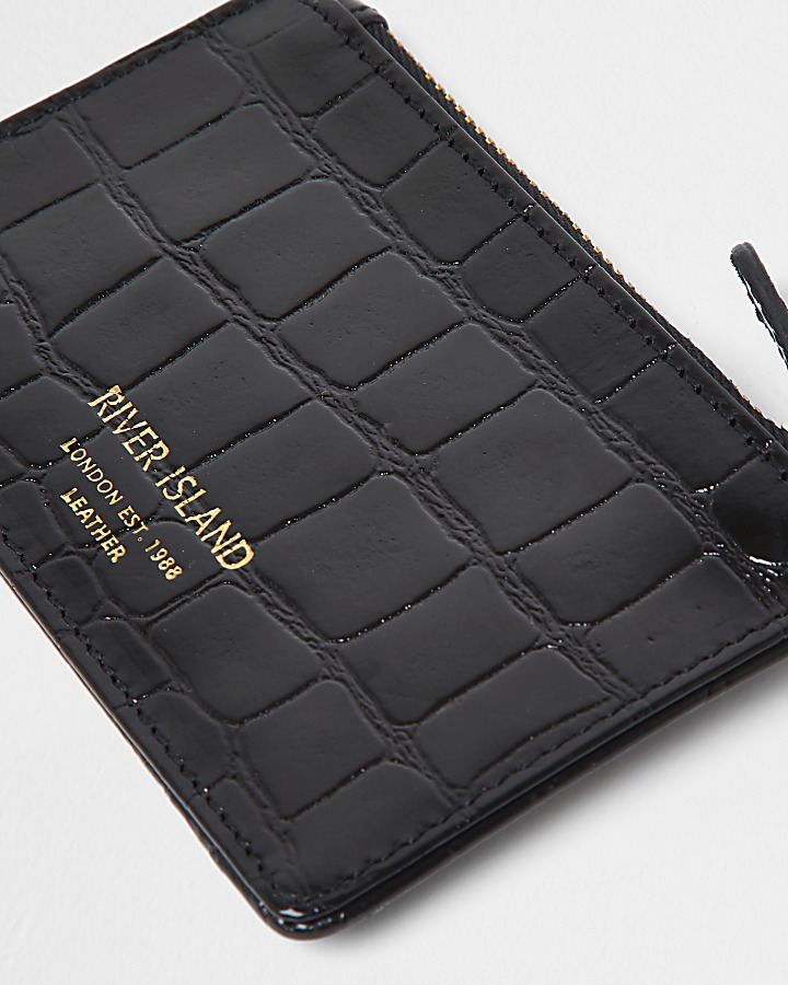 Black leather croc embossed card holder purse