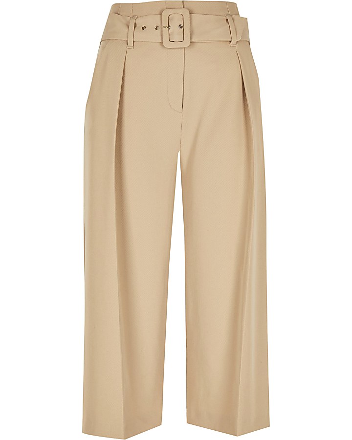 Beige high waist belted culotte trousers