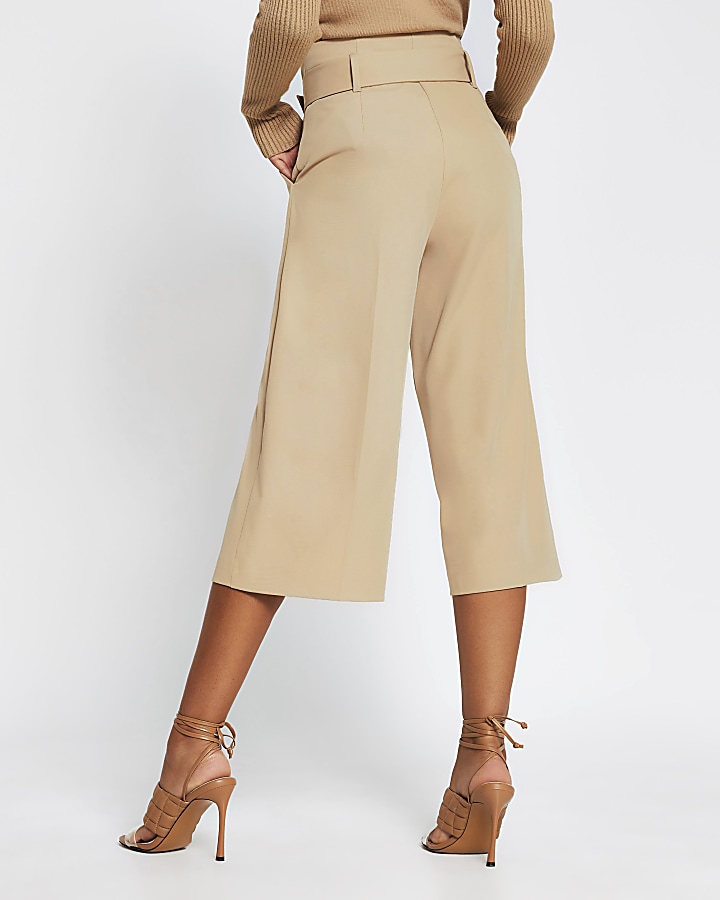 Beige high waist belted culotte trousers