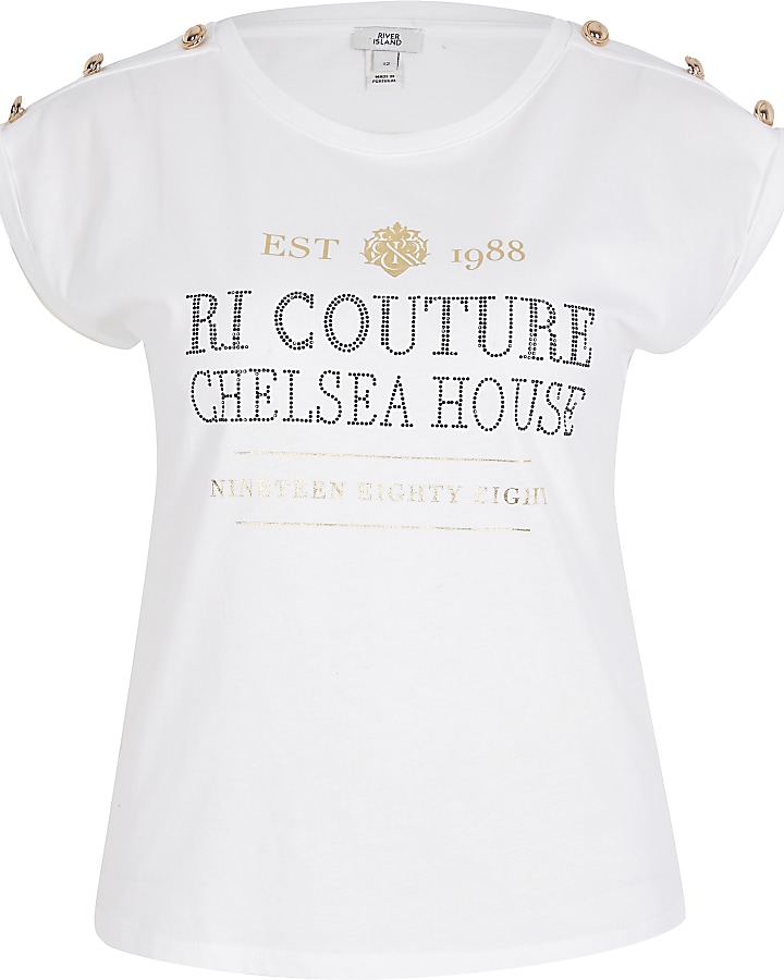 White couture print button sleeve t-shirt