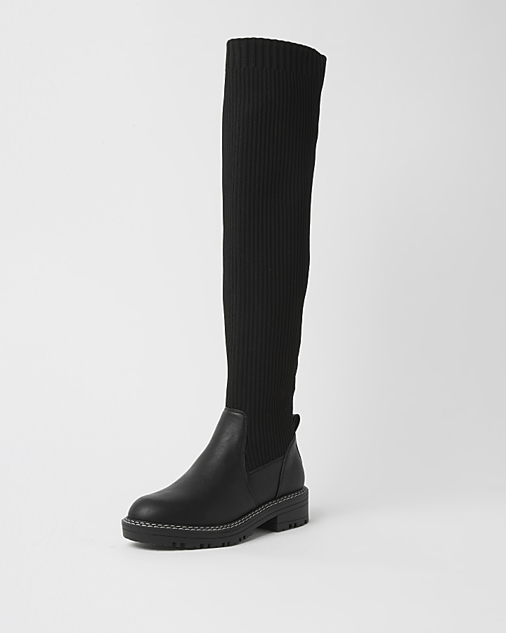 Black wide fit knitted high leg boots