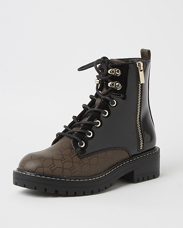 Brown wide fit RI monogram patent boots