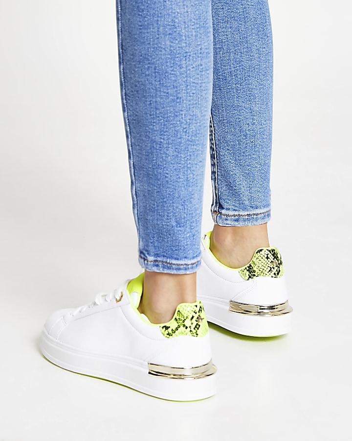 White chunky flat lace up trainers