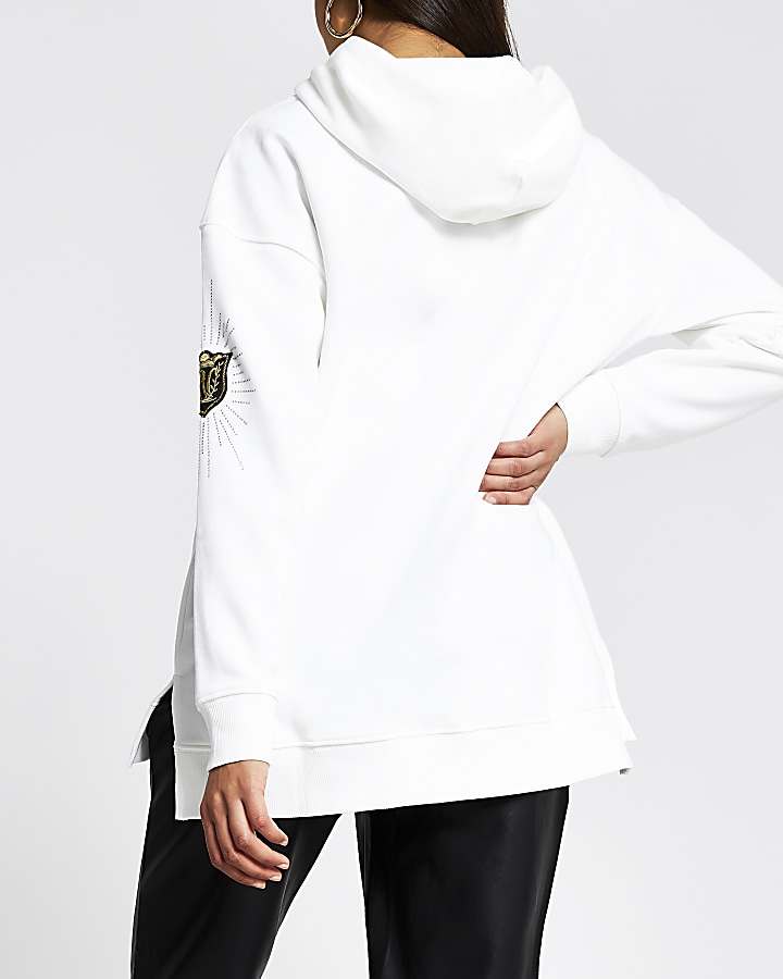 Cream long sleeve split hem graphic hoodie