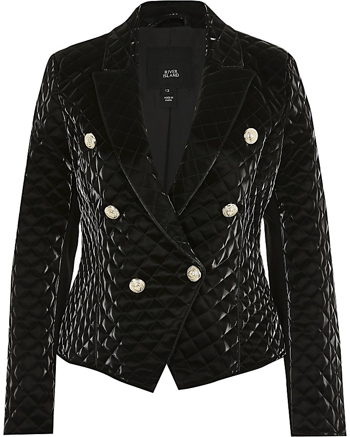 Black Faux Leather quilted vinyl blazer