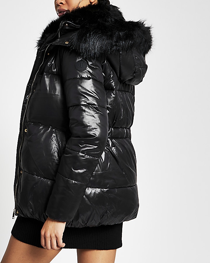 Black faux fur hooded puffer coat